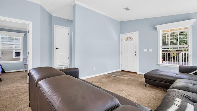 carpeted living room with crown molding