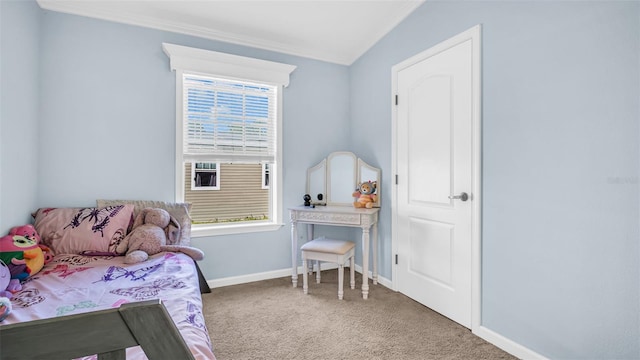 bedroom featuring lofted ceiling, carpet floors, and ornamental molding