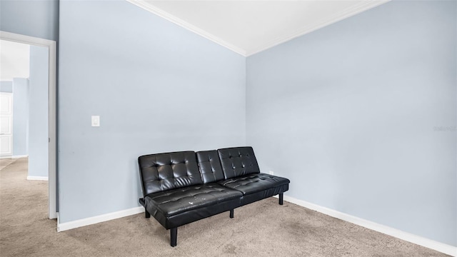 living area featuring light colored carpet, lofted ceiling, and crown molding