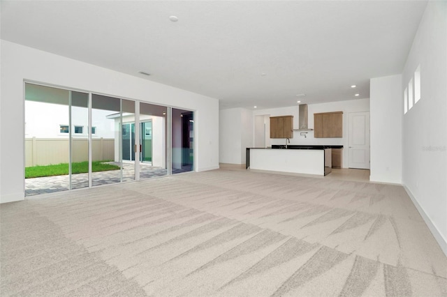 unfurnished living room with sink and light colored carpet