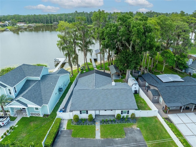 drone / aerial view with a water view