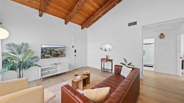 living room featuring beam ceiling, wooden ceiling, high vaulted ceiling, and light hardwood / wood-style floors