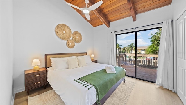 bedroom with beam ceiling, ceiling fan, light hardwood / wood-style floors, access to outside, and wood ceiling