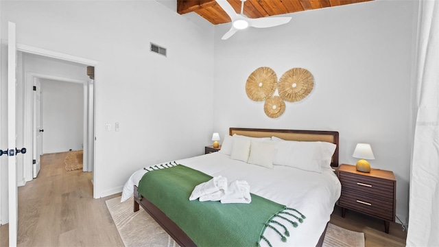 bedroom featuring light wood-type flooring, ceiling fan, beam ceiling, wooden ceiling, and a high ceiling