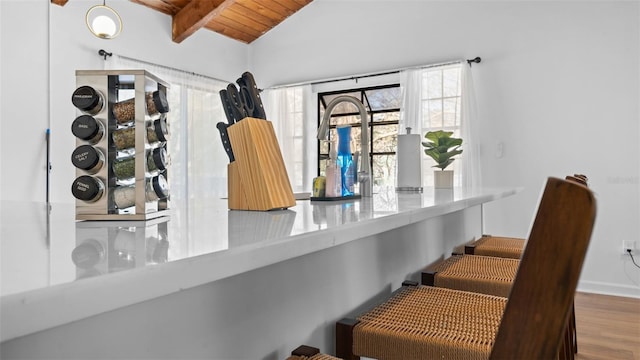 details featuring beamed ceiling, wooden ceiling, and hardwood / wood-style floors