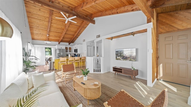 living room featuring beam ceiling, light wood-type flooring, high vaulted ceiling, and wooden ceiling