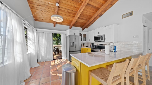 kitchen featuring kitchen peninsula, appliances with stainless steel finishes, wooden ceiling, white cabinetry, and a breakfast bar area