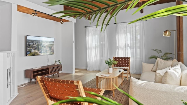 living room featuring beamed ceiling and light wood-type flooring