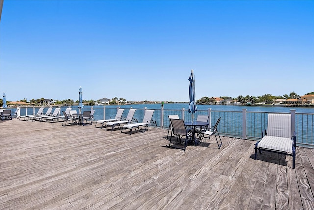 dock area with a deck with water view