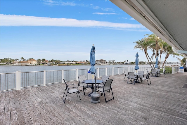 deck featuring a water view