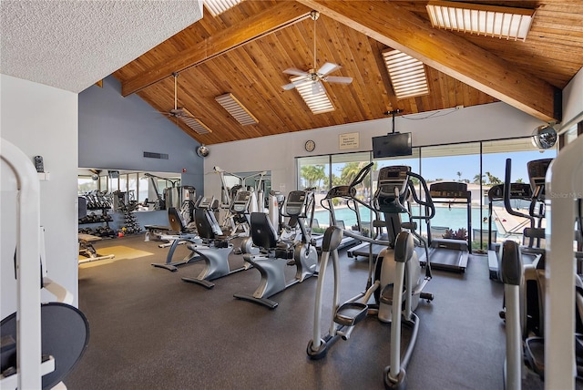 workout area featuring high vaulted ceiling, wooden ceiling, and ceiling fan