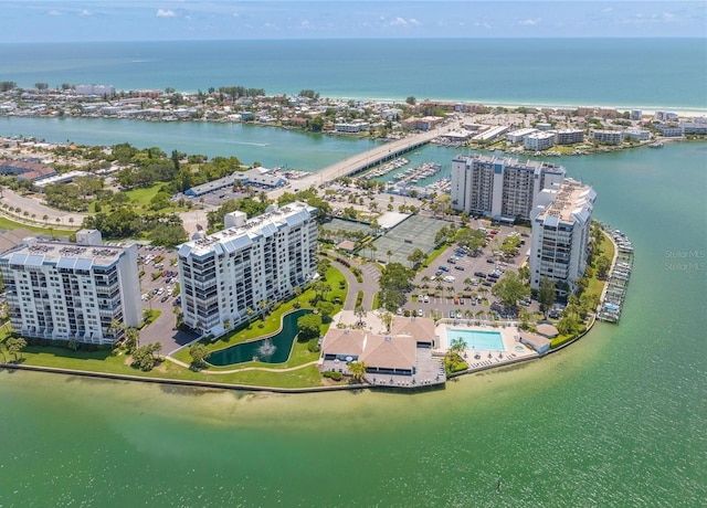 drone / aerial view with a water view