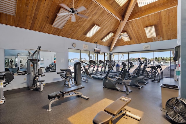 workout area featuring wood ceiling, ceiling fan, a healthy amount of sunlight, and high vaulted ceiling