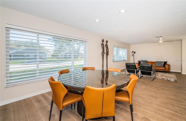 dining space featuring light hardwood / wood-style flooring, a healthy amount of sunlight, and a textured ceiling