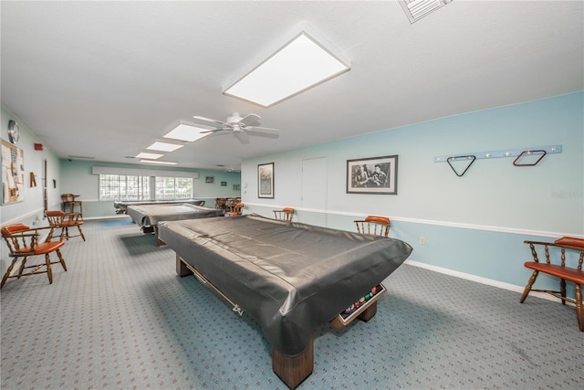 recreation room featuring carpet floors, ceiling fan, and pool table