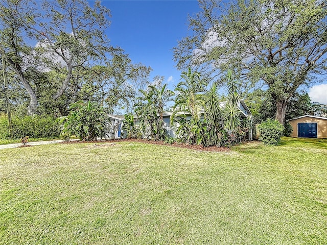 view of yard featuring a storage unit