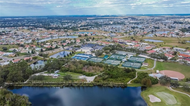 drone / aerial view featuring a water view