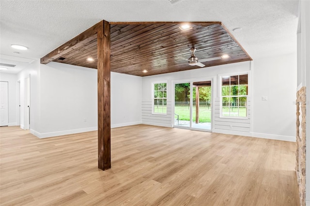 unfurnished living room with a textured ceiling, light hardwood / wood-style floors, and wooden ceiling