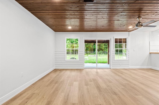 empty room featuring ceiling fan, light hardwood / wood-style floors, and wooden ceiling