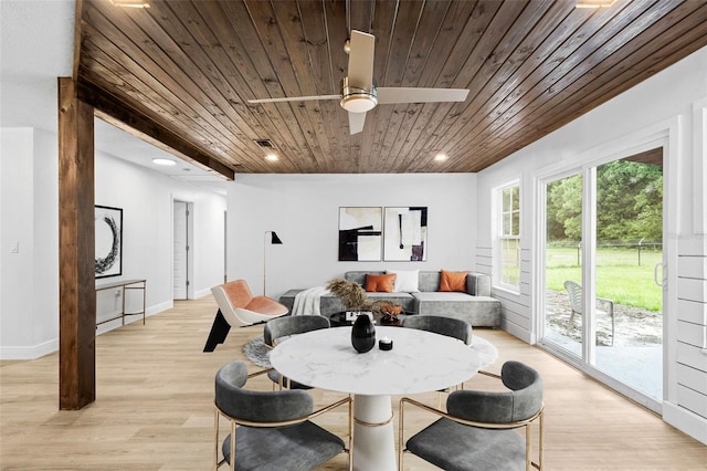 dining room featuring light hardwood / wood-style flooring, ceiling fan, and wooden ceiling