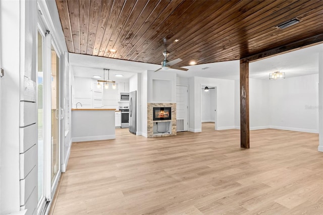 unfurnished living room featuring wood ceiling, ceiling fan, light hardwood / wood-style flooring, radiator heating unit, and a stone fireplace