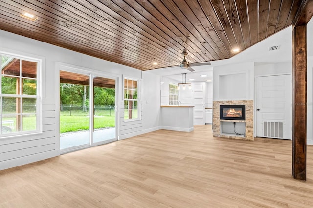 unfurnished living room featuring ceiling fan, light wood-type flooring, and wood ceiling