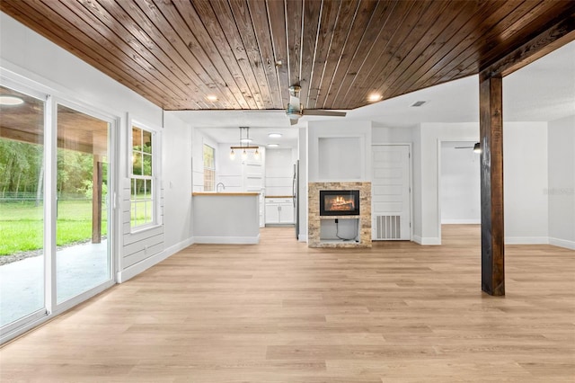 unfurnished living room with light hardwood / wood-style floors, ceiling fan, wooden ceiling, and sink