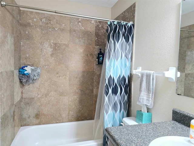 full bathroom with vanity, toilet, and shower / bathtub combination with curtain