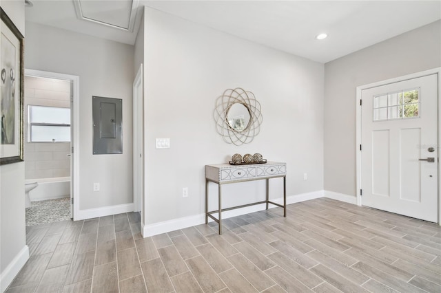 foyer entrance featuring electric panel, plenty of natural light, and light hardwood / wood-style flooring