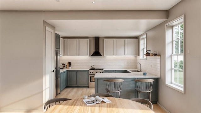 kitchen with gray cabinetry, sink, wall chimney exhaust hood, kitchen peninsula, and stainless steel appliances