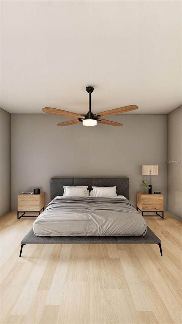 bedroom featuring ceiling fan and light wood-type flooring