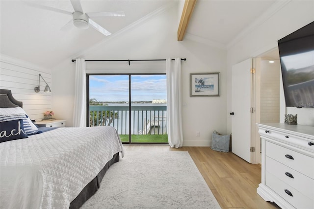 bedroom with light wood-type flooring, ornamental molding, access to outside, ceiling fan, and lofted ceiling with beams