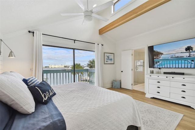 bedroom featuring access to exterior, light wood-type flooring, multiple windows, and ceiling fan