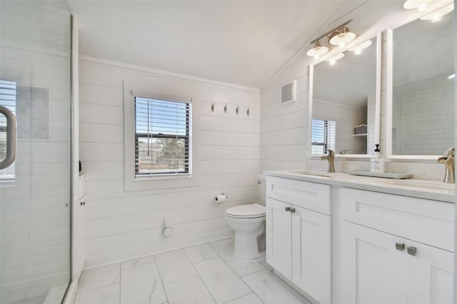 bathroom with vaulted ceiling, wooden walls, an enclosed shower, and ornamental molding