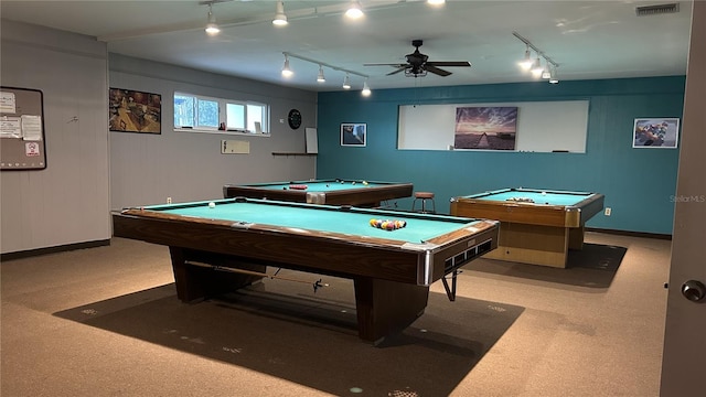 rec room with ceiling fan, light carpet, track lighting, and pool table