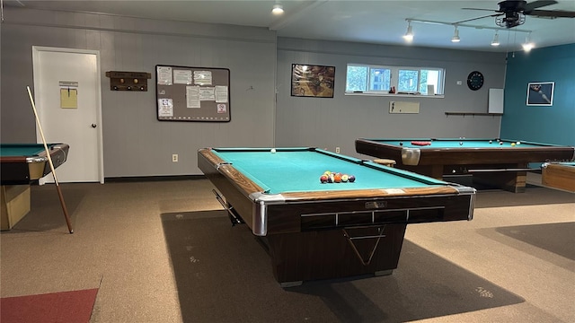 game room featuring ceiling fan, billiards, and track lighting