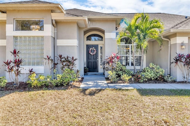 view of exterior entry with a yard