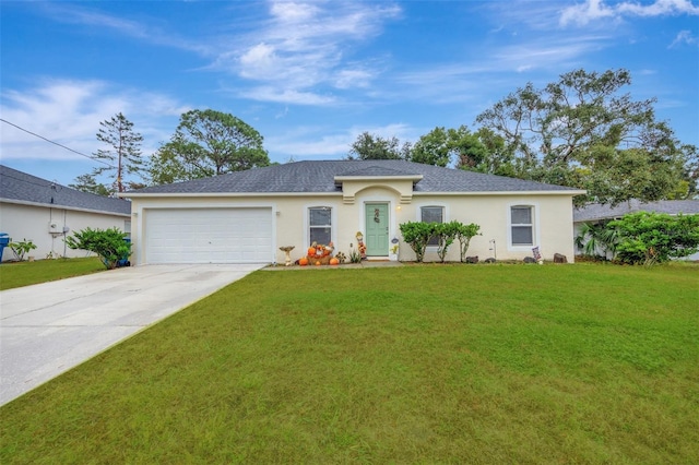 single story home featuring a front yard and a garage