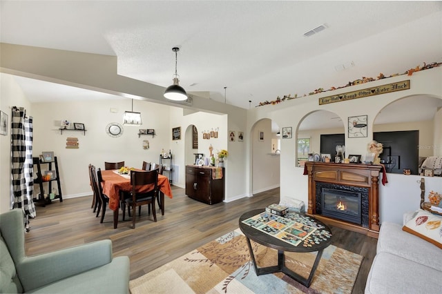 living room with hardwood / wood-style flooring and lofted ceiling