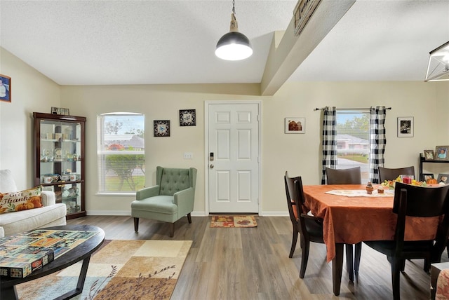 dining room featuring a textured ceiling and hardwood / wood-style flooring