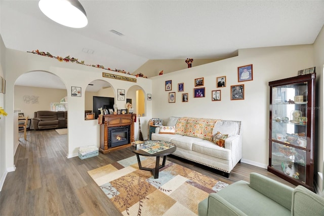 living room featuring wood-type flooring and lofted ceiling