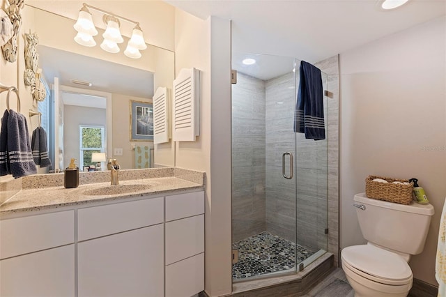 full bathroom featuring toilet, a stall shower, and vanity