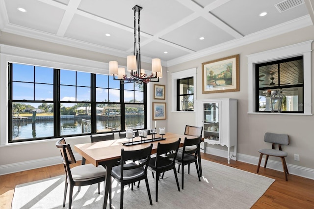 dining room featuring wood-type flooring, a water view, coffered ceiling, and beamed ceiling