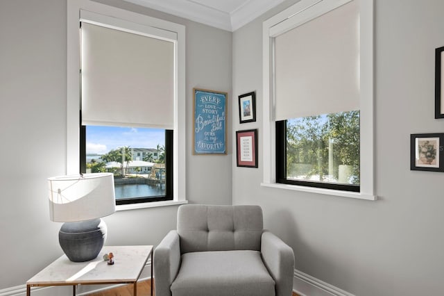 sitting room with ornamental molding and a water view