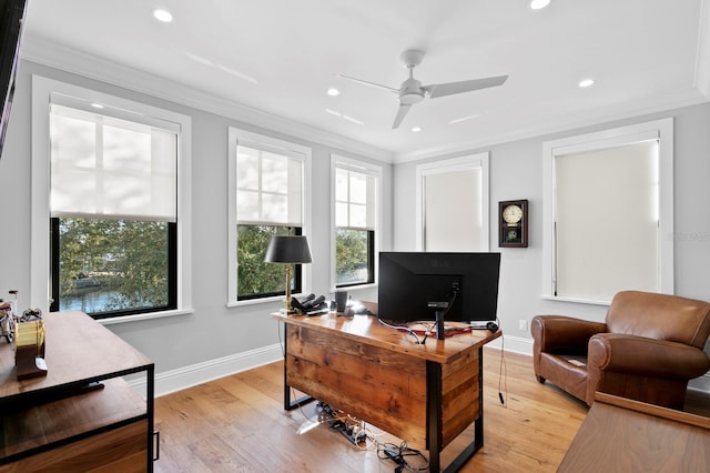 office area featuring light hardwood / wood-style floors, crown molding, and ceiling fan