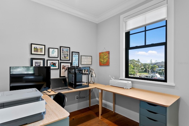 office space with dark wood-type flooring and ornamental molding