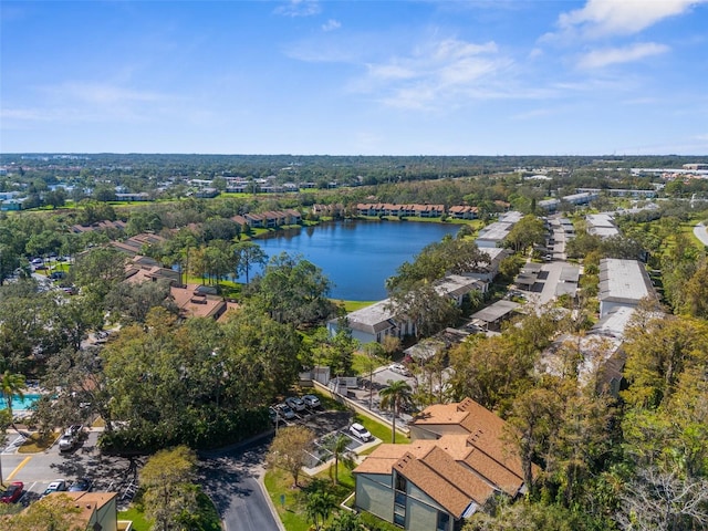 drone / aerial view with a water view