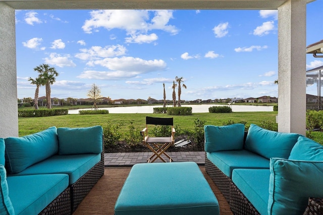 view of patio featuring outdoor lounge area and a water view