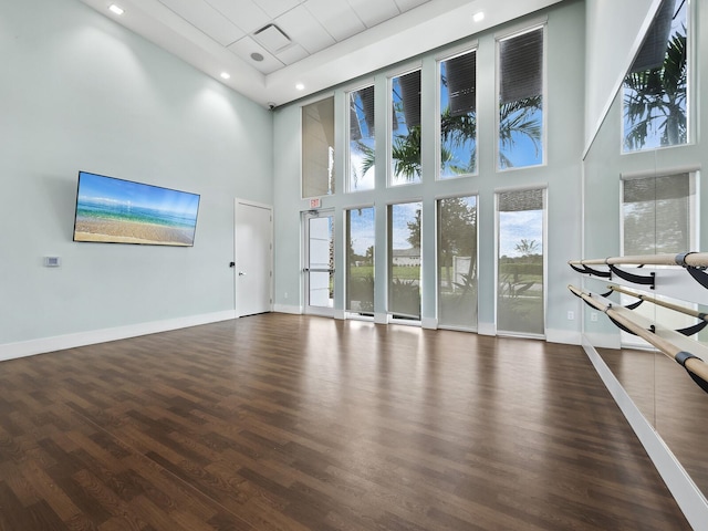 interior space featuring a towering ceiling and dark wood-type flooring