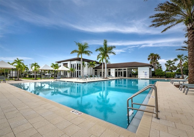 view of pool featuring a gazebo and a patio area